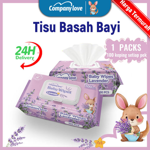 Tisu Basah Bayi Lavender Company Love (Pek 100 Keping Berpenutup) | Wet Wipes Bayi Air Tulen EDI Mudah Alih Tanpa Alkohol Selesa