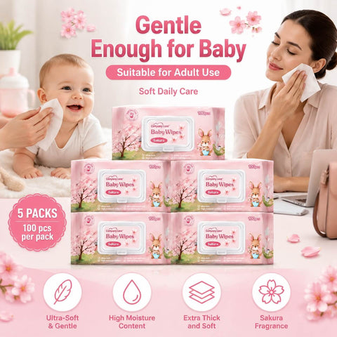 [5 Packs Bulk Deal]Company Love Sakura Rose Baby Wet Wipes 500pcs Mega Pack | Alcohol-Free, Hypoallergenic & Thick Wipes for Sensitive Skin