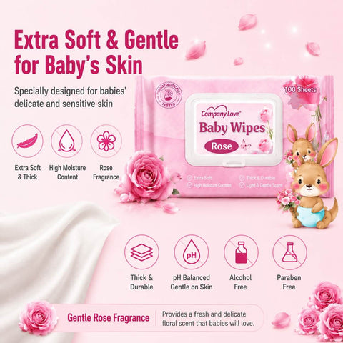 [Pek Borong 11 Paket] Tisu Basah Bayi Wangian Rose Company Love | Wet Wipes Baby 100pcs x 11 Pack Berkembar Bertutup Hidrasi Alami Malaysia