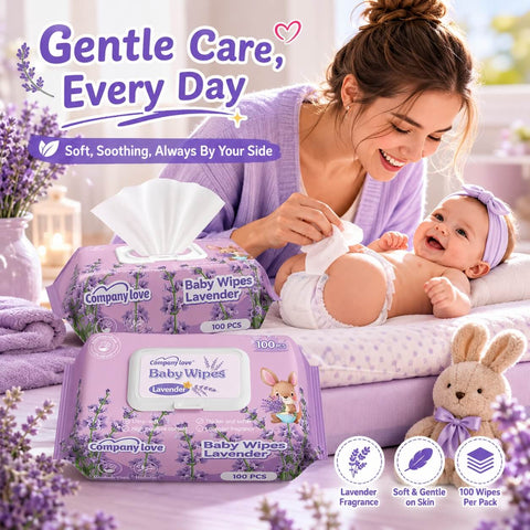 Tisu Basah Bayi Lavender Company Love (Pek 100 Keping Berpenutup) | Wet Wipes Bayi Air Tulen EDI Mudah Alih Tanpa Alkohol Selesa
