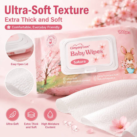 Tisu Basah Bayi Wangian Sakura Company Love | Wet Wipes Baby 100pcs Bertutup | Air Tulen Alami Sifar Alkohol Melegakan Kulit Malaysia