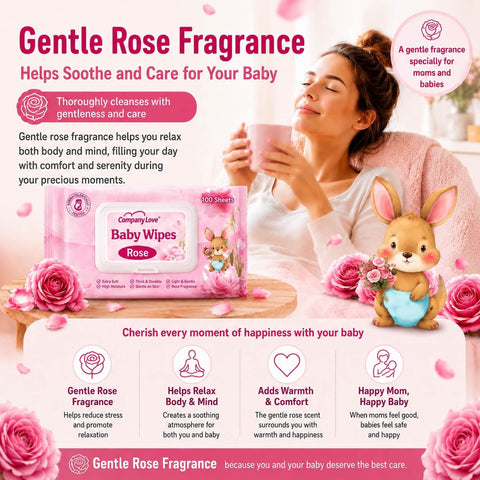 [Pek Borong 11 Paket] Tisu Basah Bayi Wangian Rose Company Love | Wet Wipes Baby 100pcs x 11 Pack Berkembar Bertutup Hidrasi Alami Malaysia