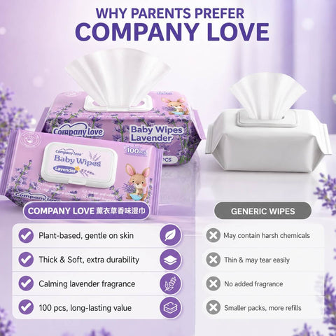 Tisu Basah Bayi Lavender Company Love (Pek 100 Keping Berpenutup) | Wet Wipes Bayi Air Tulen EDI Mudah Alih Tanpa Alkohol Selesa