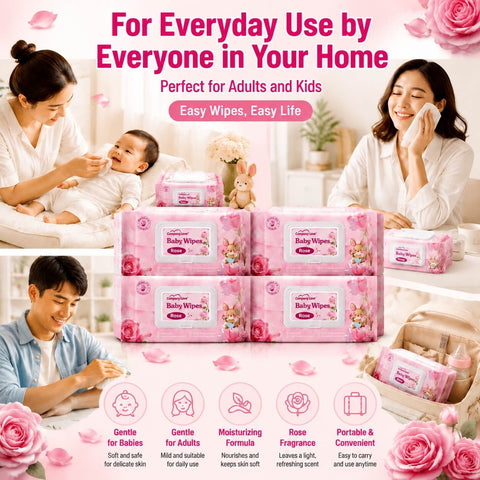 [Pek Borong 11 Paket] Tisu Basah Bayi Wangian Rose Company Love | Wet Wipes Baby 100pcs x 11 Pack Berkembar Bertutup Hidrasi Alami Malaysia