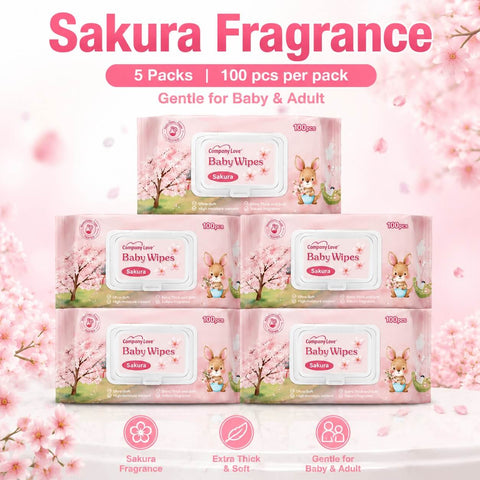 [5 Packs Bulk Deal]Company Love Sakura Rose Baby Wet Wipes 500pcs Mega Pack | Alcohol-Free, Hypoallergenic & Thick Wipes for Sensitive Skin
