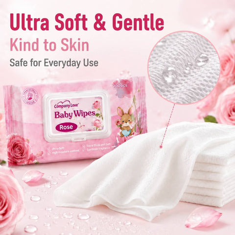 [Pek Borong 11 Paket] Tisu Basah Bayi Wangian Rose Company Love | Wet Wipes Baby 100pcs x 11 Pack Berkembar Bertutup Hidrasi Alami Malaysia