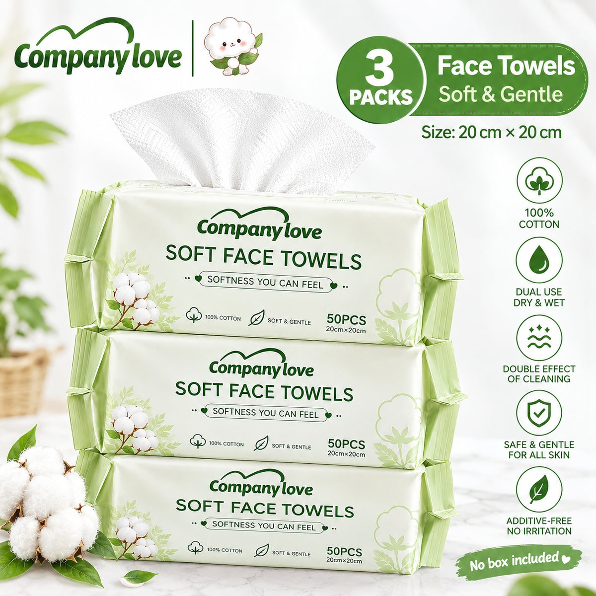 Companylove Soft Face Towels 3 Packs(150pcs) 100% Pure cotton face towel 20cmx20cm